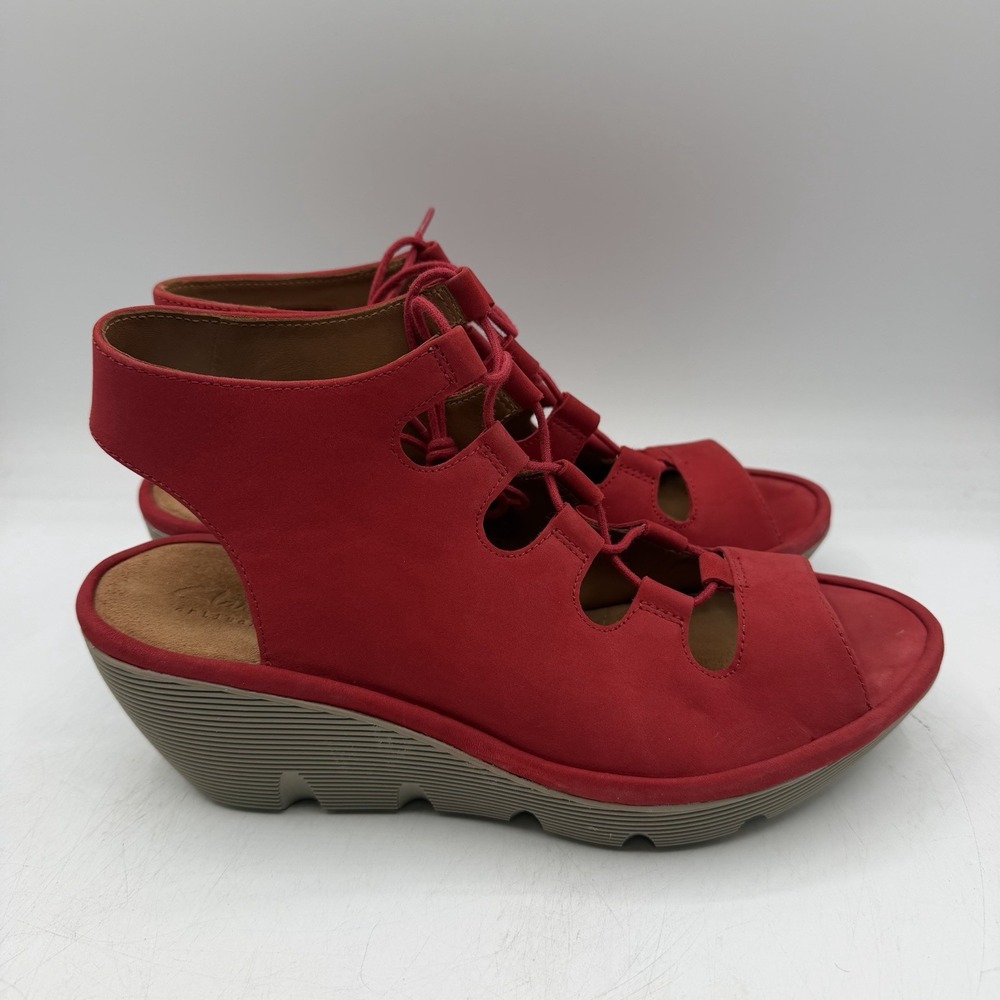 Clarks Clarene Grace Sandals Womens 8.5 M Red Nubuck Platform Chunky Wedge Shoes